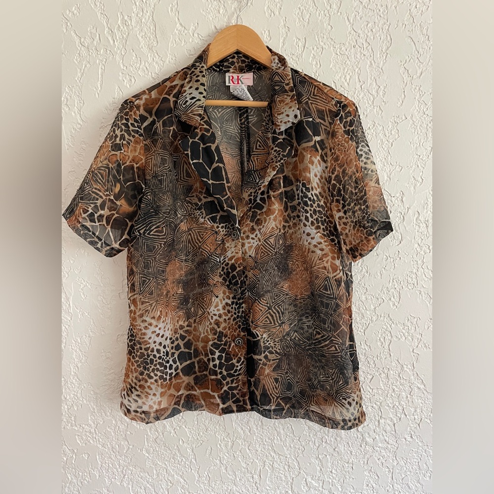 R&K Vintage Giraffe Safari Sheer Blouse Top size M-L